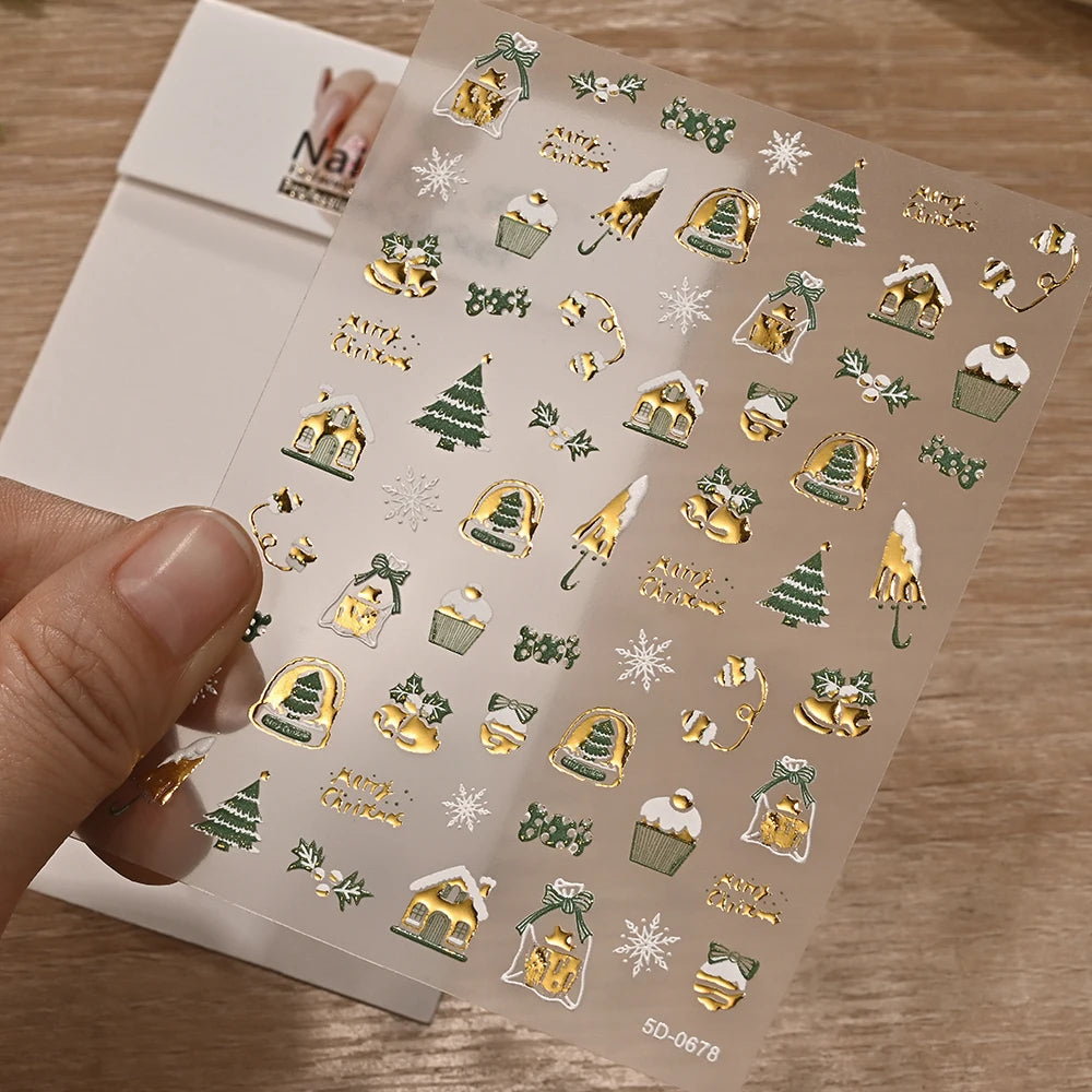 5D Red Bowknot/Gold Snowflakes/Christmas Tree Nail Stickers Cute White Snowflake Bow Christmas Nail Decals New Year Nail Supplie