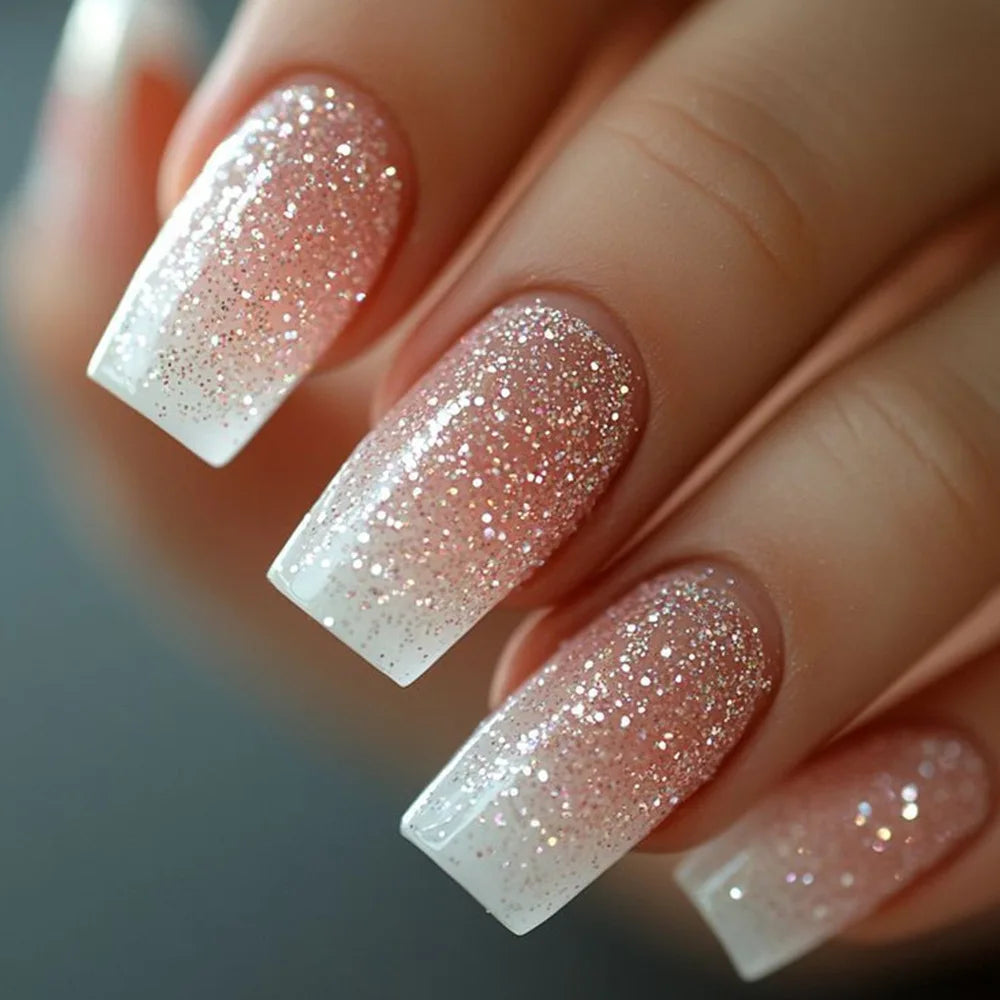 24Pcs Short False Nails with Shimmery Powder Ballet Nail Art Full Cover French Sheer Wearable Nail Manicure Tips for Girls Daily