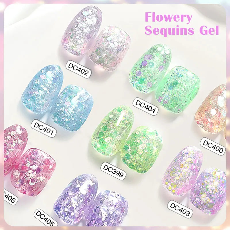 7ml Flowery Glitter Sequins Gel Nail Polish Shiny Sparkling Color Semi Permanant Soak Off Manicure Nail Art Varnish