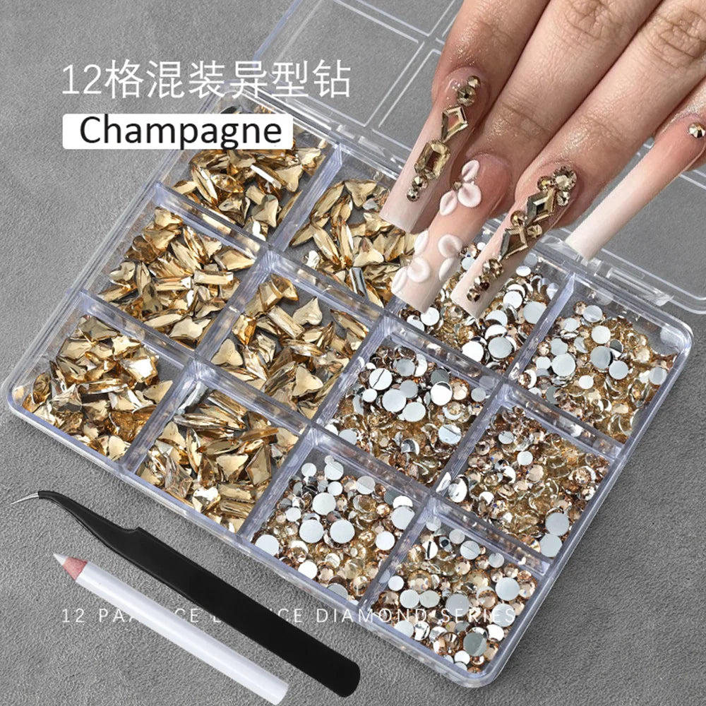 12Grids(400-500pc) 3D White Flat-Back Nail Art Rhinestones Irregular Resin Gems Nail Jewels for Face Eye Makeup Nail Decorations