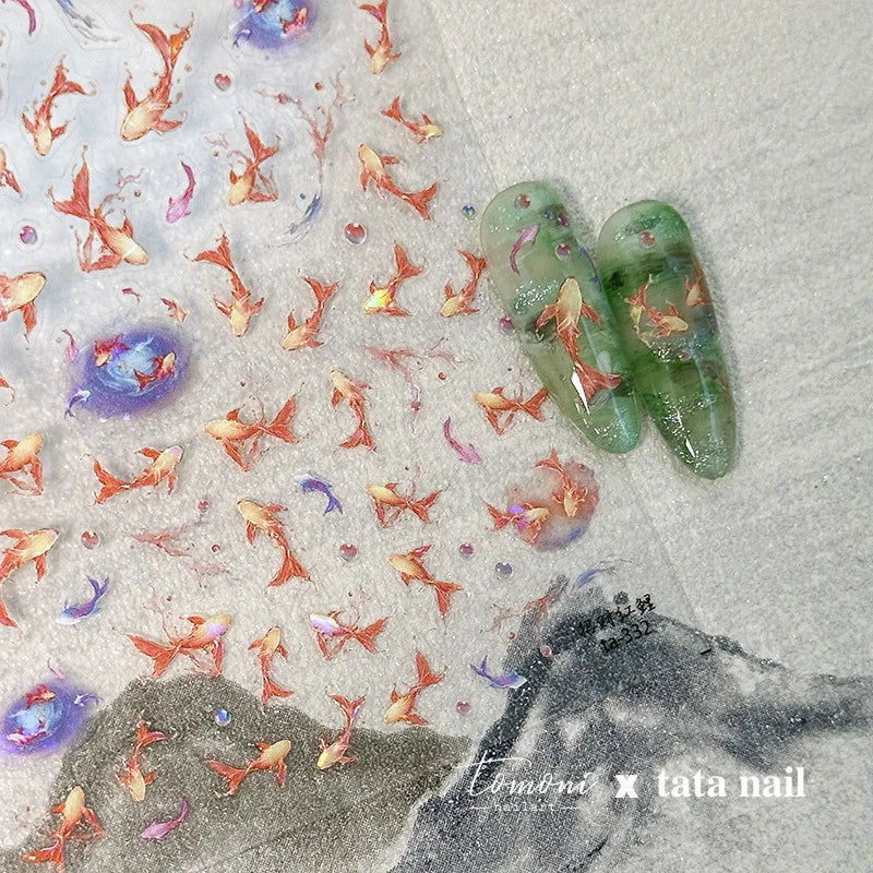 Goldfish Cavort Water Grass Lotus Flower Leaf Brocaded Carp Koi Ripple Droplet Water Bubbles 5D Nail Art Stickers Manicure Decal