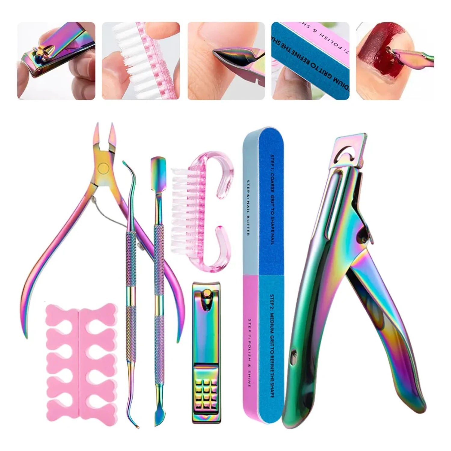 8pcs Manicure Nail Care Kit with Cuticle Nipper Metal Pusher Nail Clipper Cleaning Brush Buffer Block Dead Skin Remover Tools