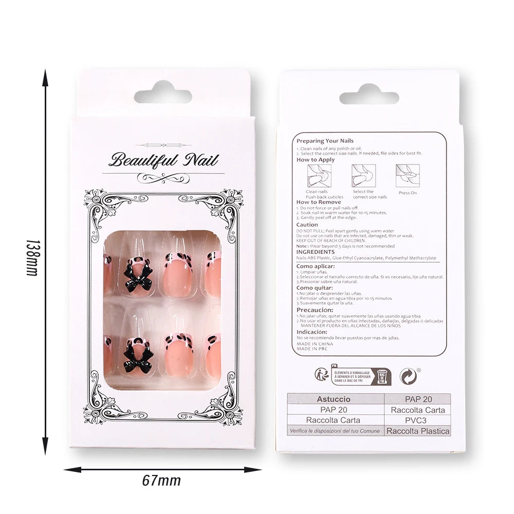 24Pcs Pink Leopard Print French Tips False Nails Short Square Head 3D Black Bowknot Fake Nails Acrylic Full Cover Press on Nails