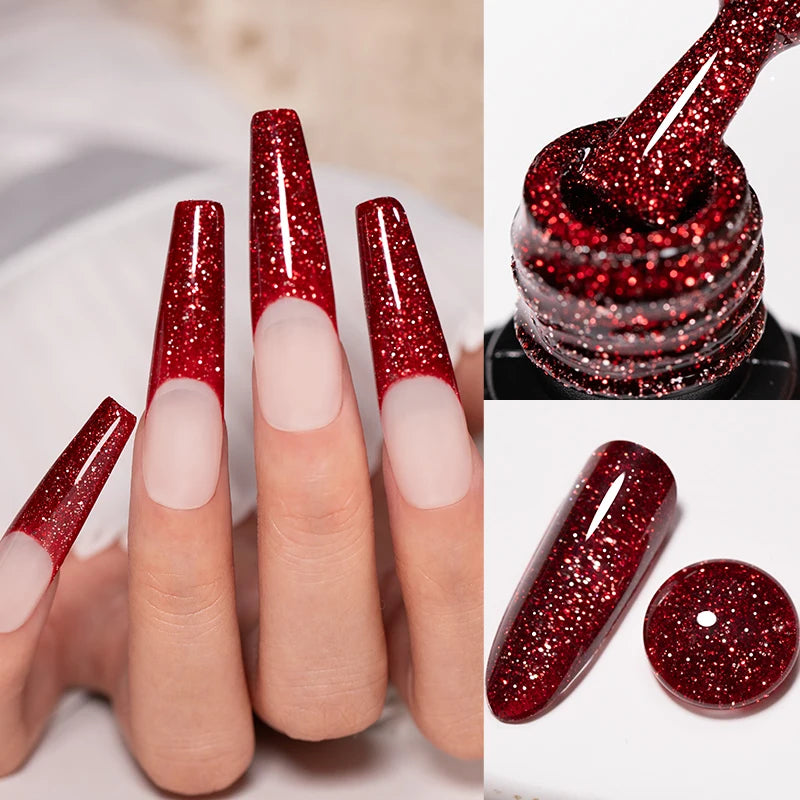 PUENTE 7.5ML Red Flame Reflective Gel Nail Polish Flash Sparkling Red Glitter Nail Gel Soak Off UV Semi-permanent Nail Varnish