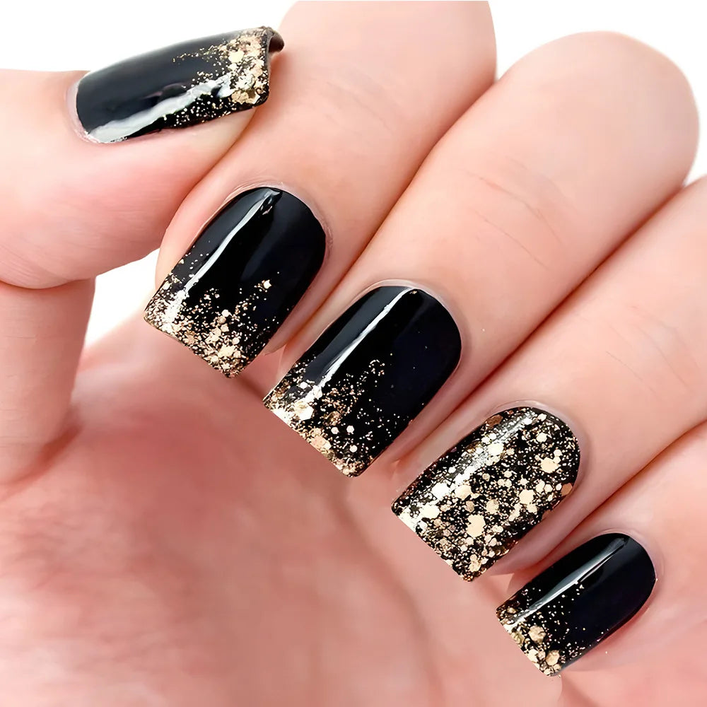 24Pcs Short Square Coffin False Nails Square Fake Nails with Glue French Glitter Wearable Acrylic Nails Set Press on Nail Tips
