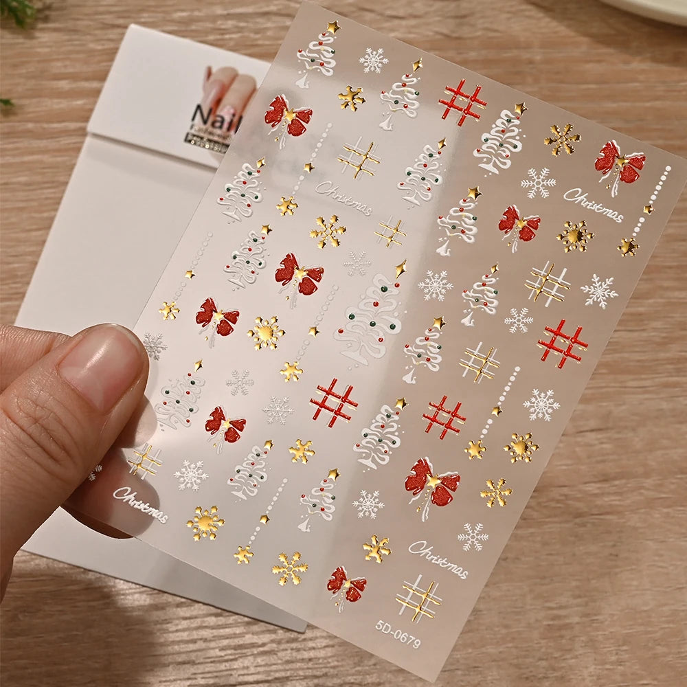 5D Red Bowknot/Gold Snowflakes/Christmas Tree Nail Stickers Cute White Snowflake Bow Christmas Nail Decals New Year Nail Supplie