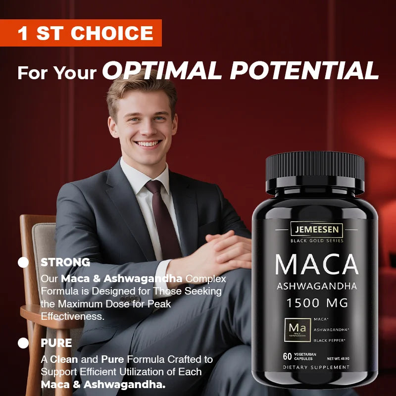 Organic Maca Root Powder Capsules 1500mg containing Maca Root Extract,Ashwagandha,Black Pepper, Supplements for Men