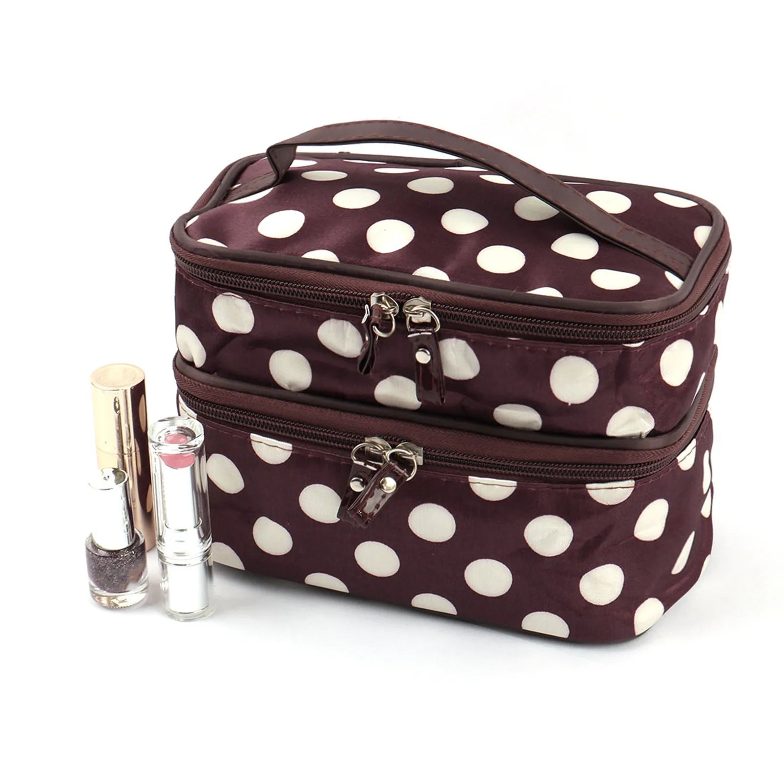 Women'S Travel Cosmetic Makeup Bag Organizer Double Layer Dot Pattern Toiletry Bag Case Pouch With Mirror For Woman