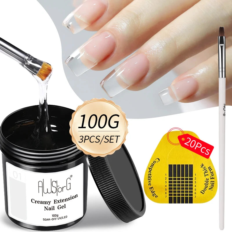 AWStorG 3pcs/Set 100g Clear Creamy Building Nail Gel Nail Extension Gel Kit Hard Constructed Gel Nail Strengthener Manicure