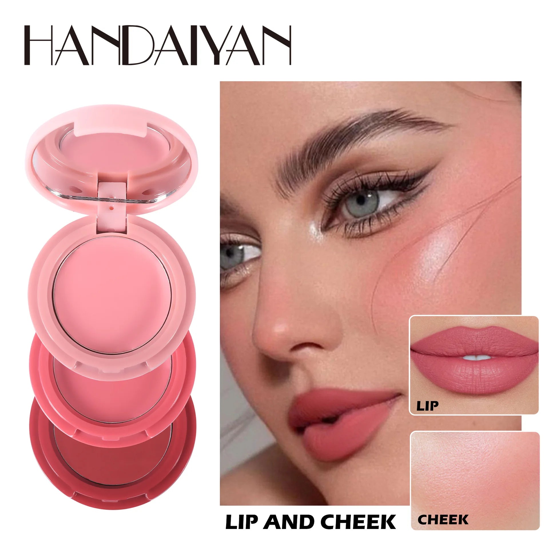 HANDAIYAN 3-in-1 Multi-Color Matte Blush Tray Folding 3-Color Velvet Mousse Lip Mud Natural