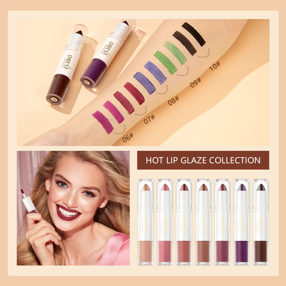 QIBEST 2 In 1 Matte Lipstick Lip Gloss Makeup Double Head Lip Satin Sexy Red Purple Lipgloss Long Lasting Lip Tint Makeup