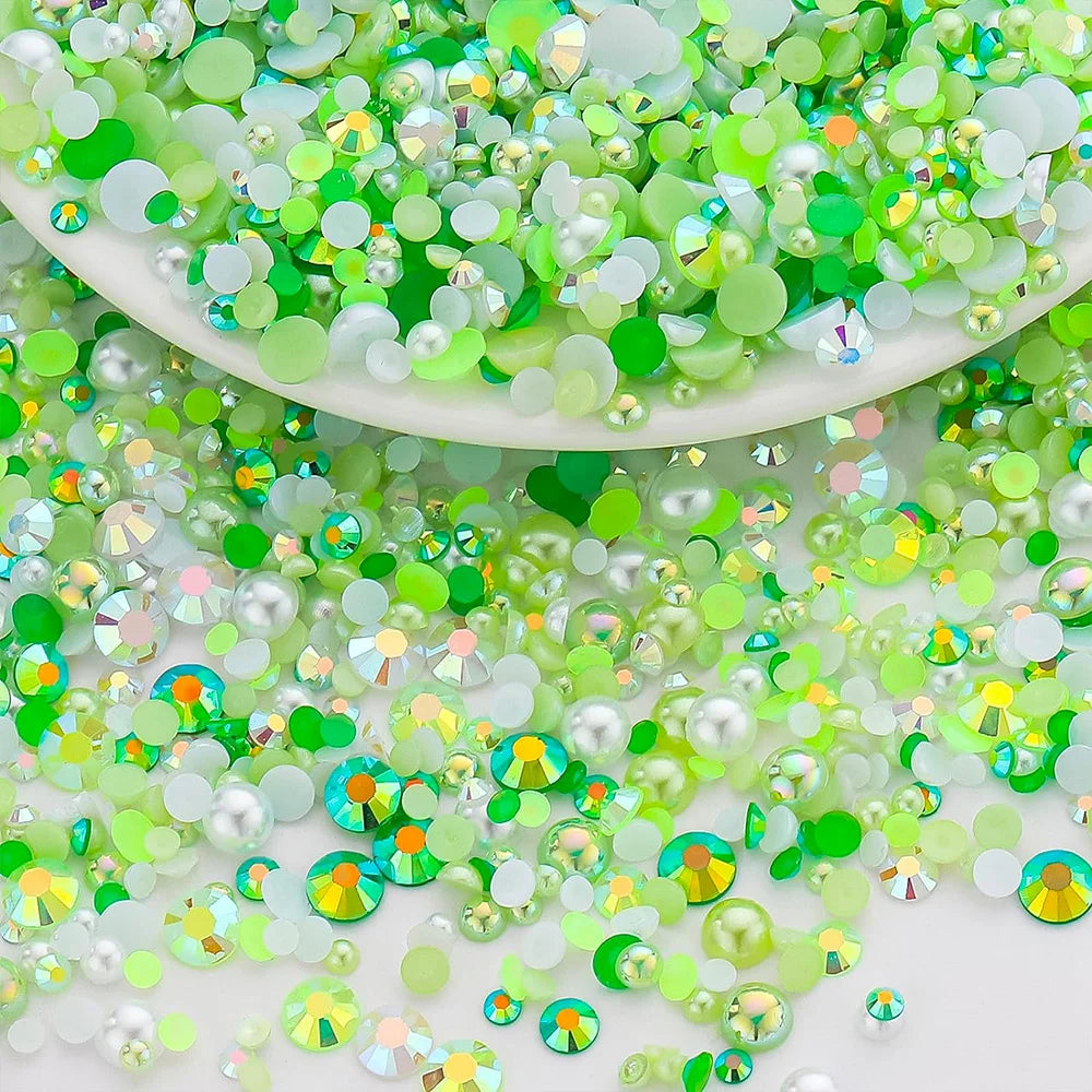 12000PCS Green Flat Back Pearl Rhinestones, Resin Rhinestones for Crafts, Shoes, Nails, Face Art with Tweezer Crayon