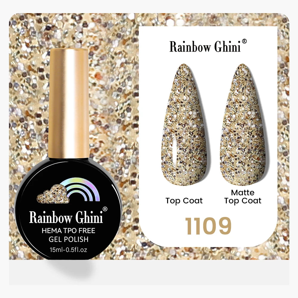 Rainbow Ghini 15ML 146 Colors Long-Lasting Colorful Gel Nail Polish Professional UV/LED Gel Polish Base Coat Matte Top Coat