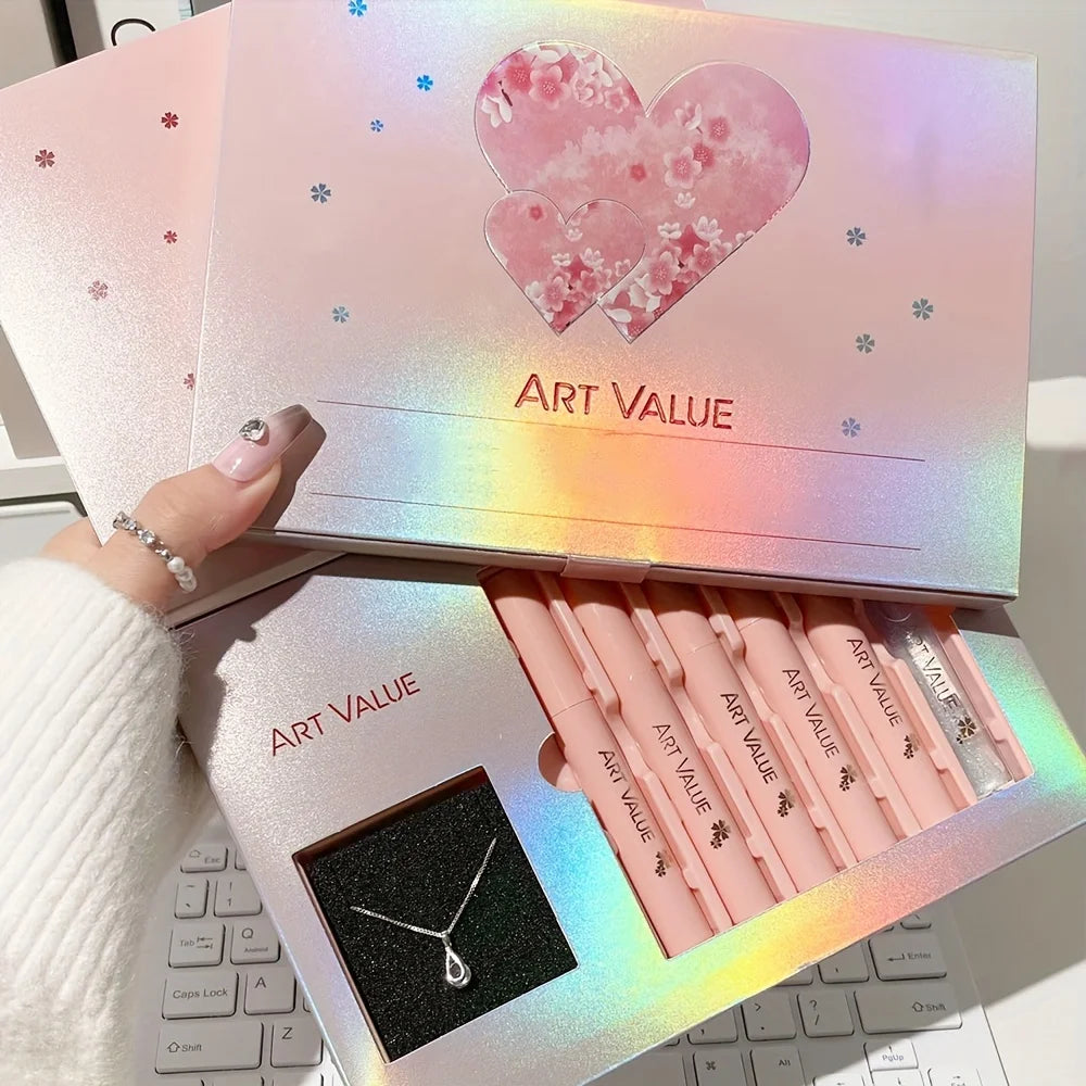Butterfly Lip Gloss Makeup set,Full Gift Box Liquid Lipstick Necklace Blush Kit for Birthday Christmas Valentine's Day Matte Lip
