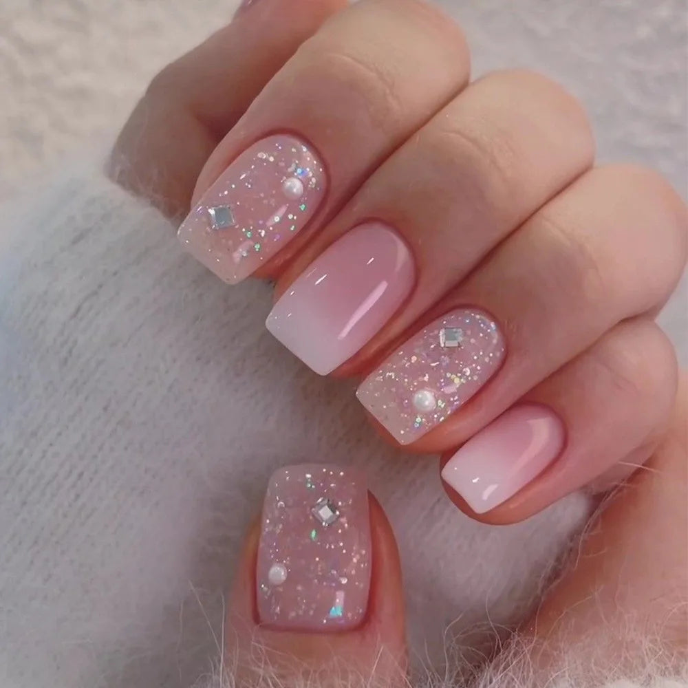 24Pcs Short False Nails with Shimmery Powder Ballet Nail Art Full Cover French Sheer Wearable Nail Manicure Tips for Girls Daily