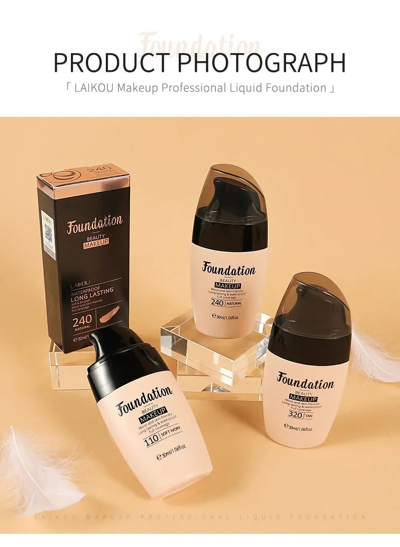 LAIKOU 30ml Liquid Foundation | Moisturizing, Long-Lasting, Natural Brightening Face Base, Smooth Tone Makeup