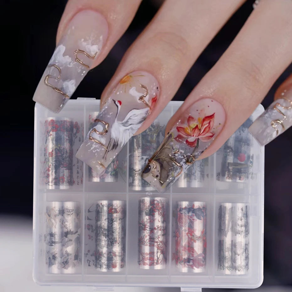 10pcs Nail Foils Chinese Character Crane Bamboo Fish Flower Plum Sticker Slider Transfer Adhesive Gel Polish Nail Decoration