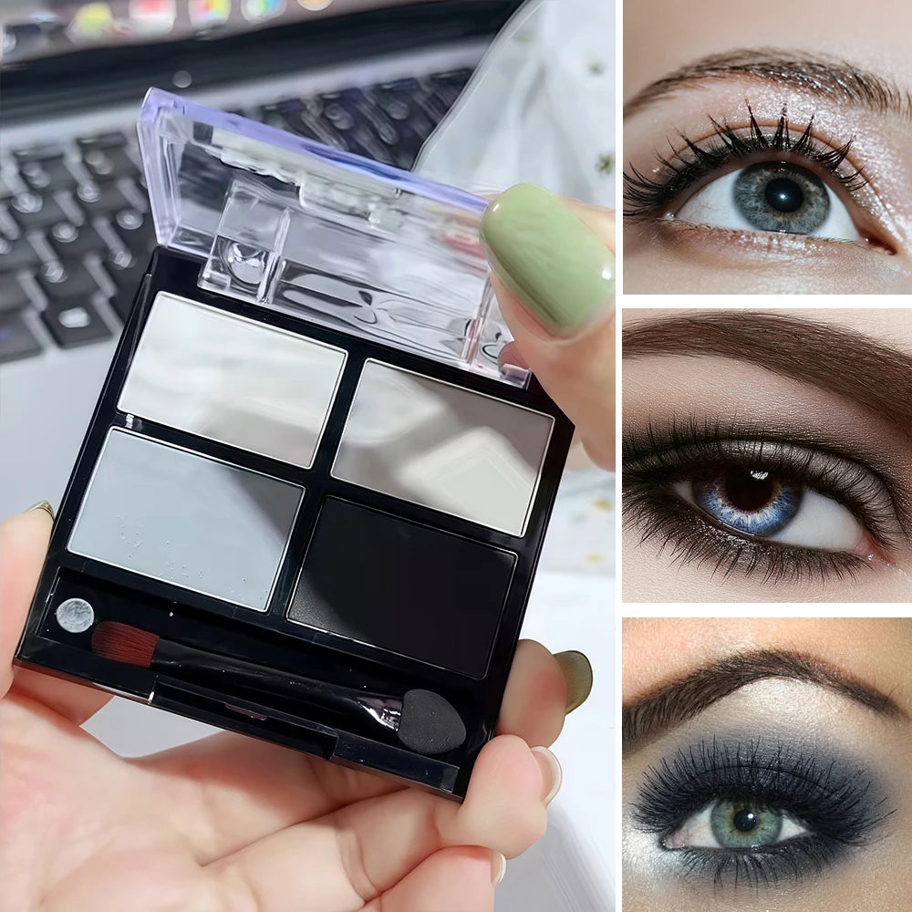 4Color Eyeshadow Palette Gray Black Smoky Makeup Matte Pearlescent Silkworm Brightening Base Eyes Primer Powder With Application