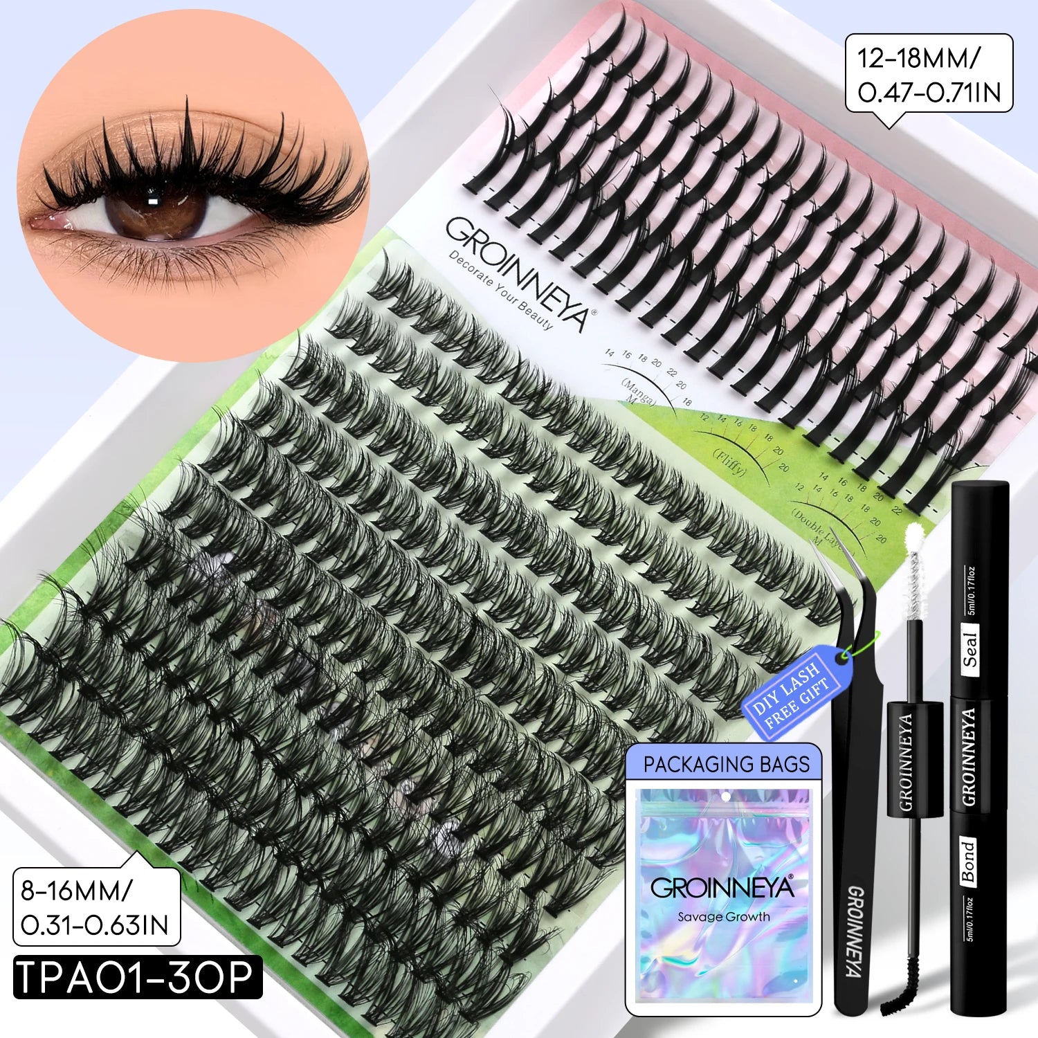 GROINNEYA Lash Clusters Kit DIY Manga Cluster Lashes Set Spikes Lashes Cluster Extension Full Set Individual Eyelashes Makeup