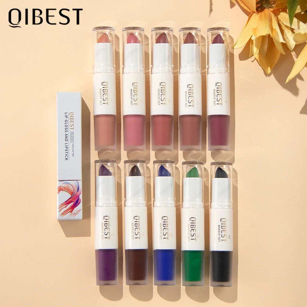QIBEST 10 Colors 2 in 1 Matte Lipstick Lip Gloss Cosmetics Waterproof Double Head Red Purple Lipstick Long Lasting Lips Makeup