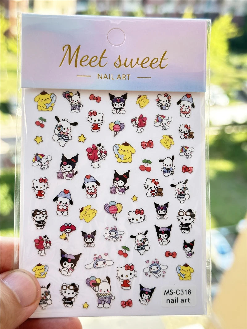 4PCS/1PC Set 3D Kawaii Sanrioed Nail Stickers,Hello Kitty Kuromi Melody Cartoon Nail Decals Decoration Supplies,Press on Nails