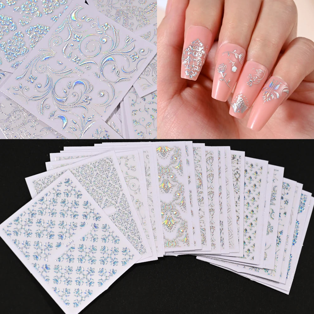 30 Sheets Gold Metallic Flowers Vine Nail Art Decals 3D Lace Flower Nail Sticker Self-Adhesive Nail Art Decoration 5.5*6.5cm