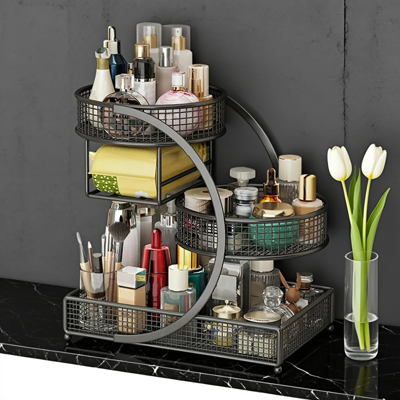 27-Inch 3-Tier Cast Iron Makeup Organizer, Bathroom Vanity Countertop Shelf, No-Assembly Wire Mesh Sturdy Space-Saving
