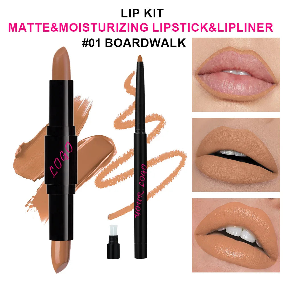 Lipstick with Lip Liner 2-1 Vegan Dual End Two Sides Matte Lipsticks Moist Combined Cosmetic Set