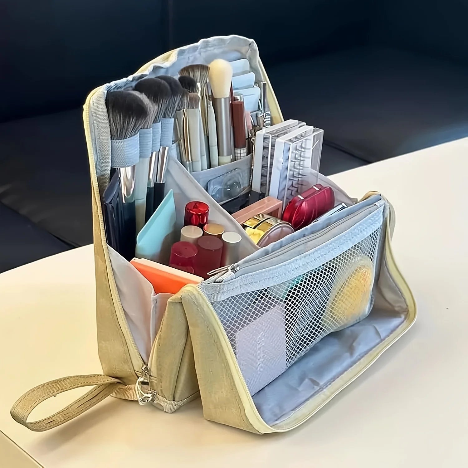 1pc Standing Makeup Bag, Multifunctional Large Capacity in Black and White with Purple Accents, High-Quality Compartment Storage