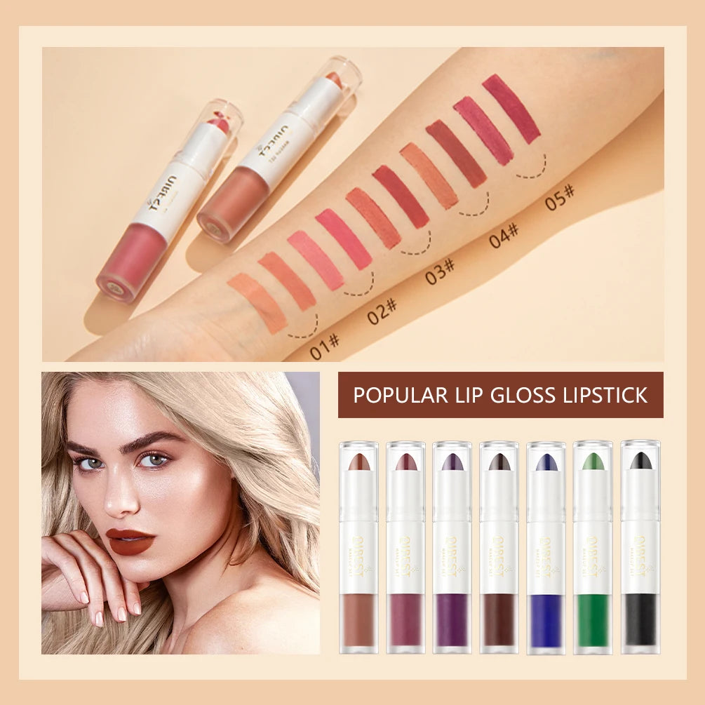 QIBEST 2 In 1 Matte Lipstick Lip Gloss Makeup Double Head Lip Satin Sexy Red Purple Lipgloss Long Lasting Lip Tint Makeup