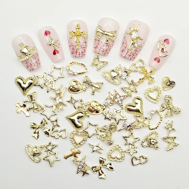 30Pcs Pink Nail Charms Alloy Rhinestones 3D Star Butterfly Heart Cross Gem Nails Crystal Diamond Nail Art Decoration Accessories