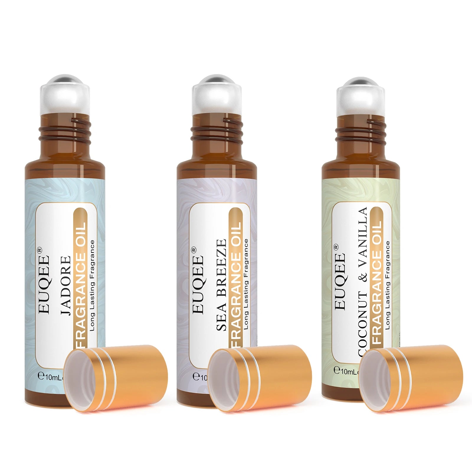EUQEE 10ml Roll-On Fragrance Oil for Skin Sea Breeze White Musk Coconut & Vanilla Bubble Gum Green Tea Long Lasting Scent