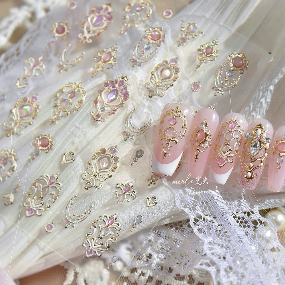 Elegant Gold Scepter 5D Nail Art Stickers Gorgeous Gemstone Luxury Courtly Pattern Necklace Frame Self Adhesive Manicure Decals