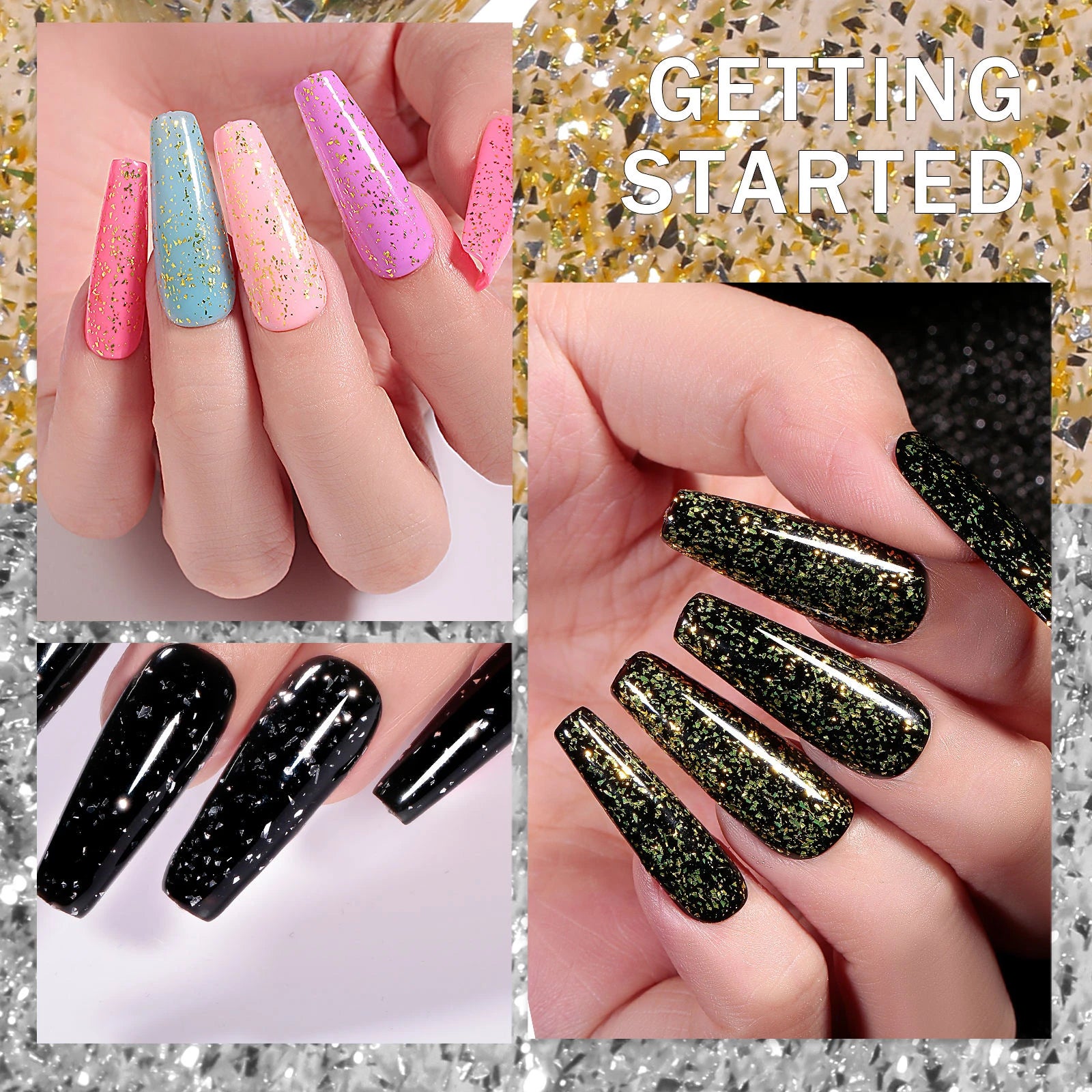 JTING 1pc 15ml Popular Glitter Chrome Foil Flakes Gold Sliver Top Coat Base Gel Polish