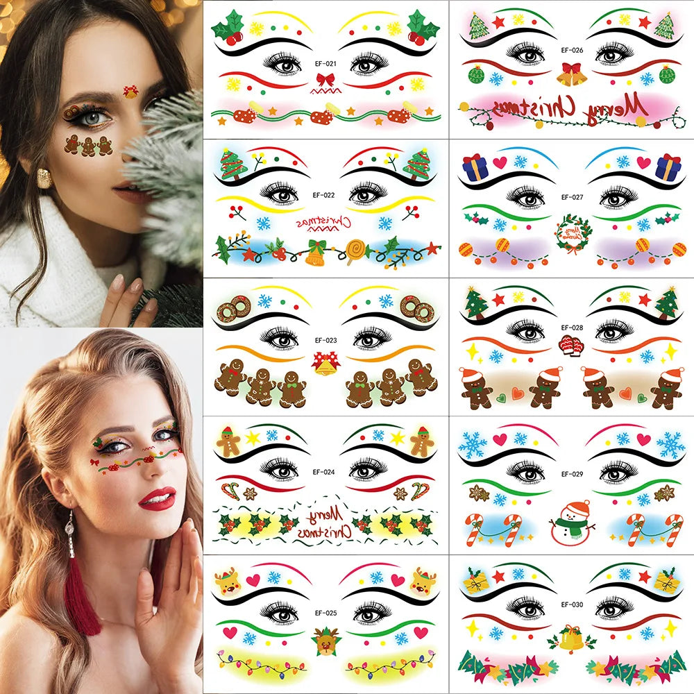 10pcs 2026 Christmas Eyeshadow Blush Face Tattoo Stickers Waterproof Dopamine Makeup Eyeliner Temporary Tattoos Cute Face Decals