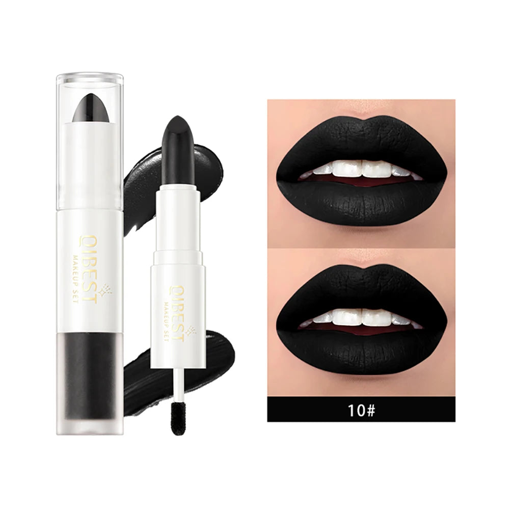 QIBEST 2 In 1 Matte Lipstick Lip Gloss Makeup Double Head Lip Satin Sexy Red Purple Lipgloss Long Lasting Lip Tint Makeup