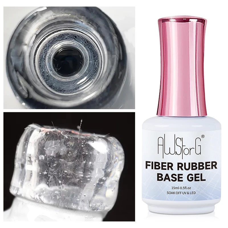 AWStorG Fiber Rubber Base Gel For Nails UV Gel Polish Semi Permanent Repair Fix Crack Nail Rubber Base Gel Strengthener 15ml