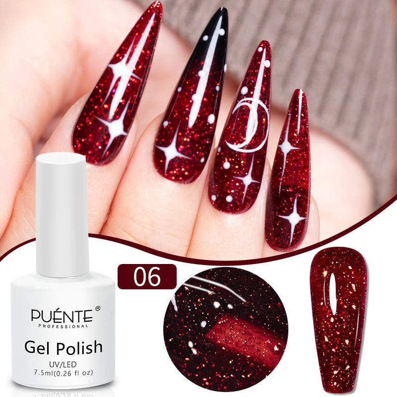 PUENTE 7.5ML Red Flame Reflective Gel Nail Polish Flash Sparkling Red Glitter Nail Gel Soak Off UV Semi-permanent Nail Varnish