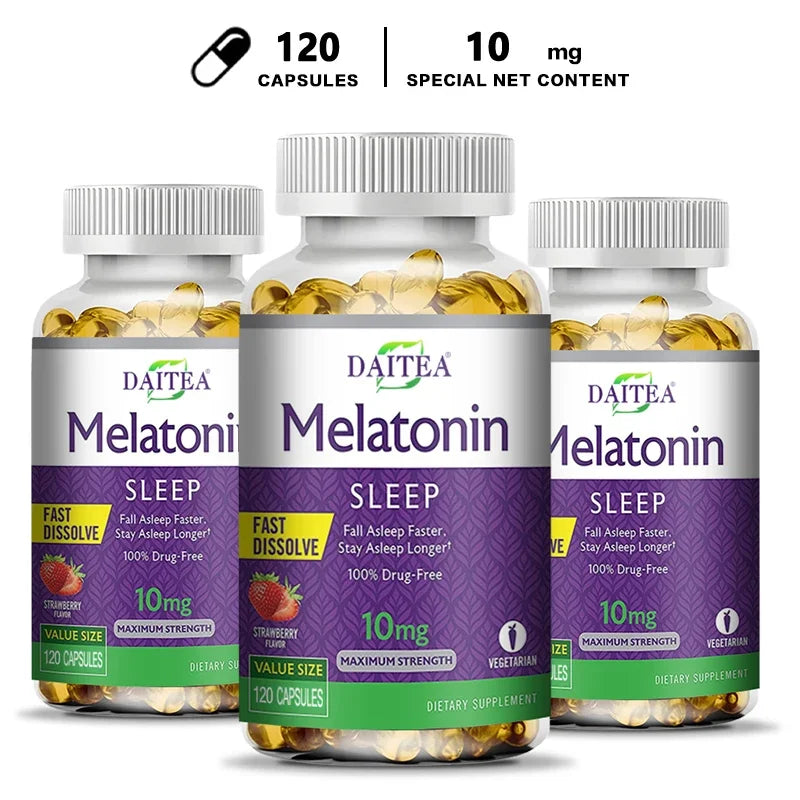 Daitea Melatonin 10mg, Sleep Dietary Supplement, 120 Strawberry Flavored Capsules, Contains Melatonin - Healthy Sleep
