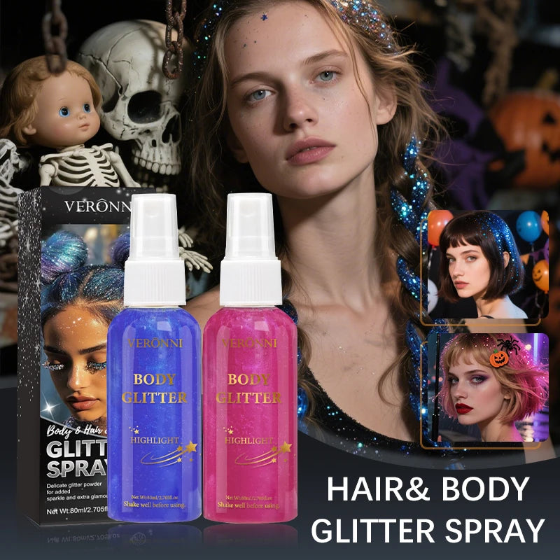 Liquid highlighter spray, high shine glitter spray, holographic highlighter spray, long lasting body halloween party makeup