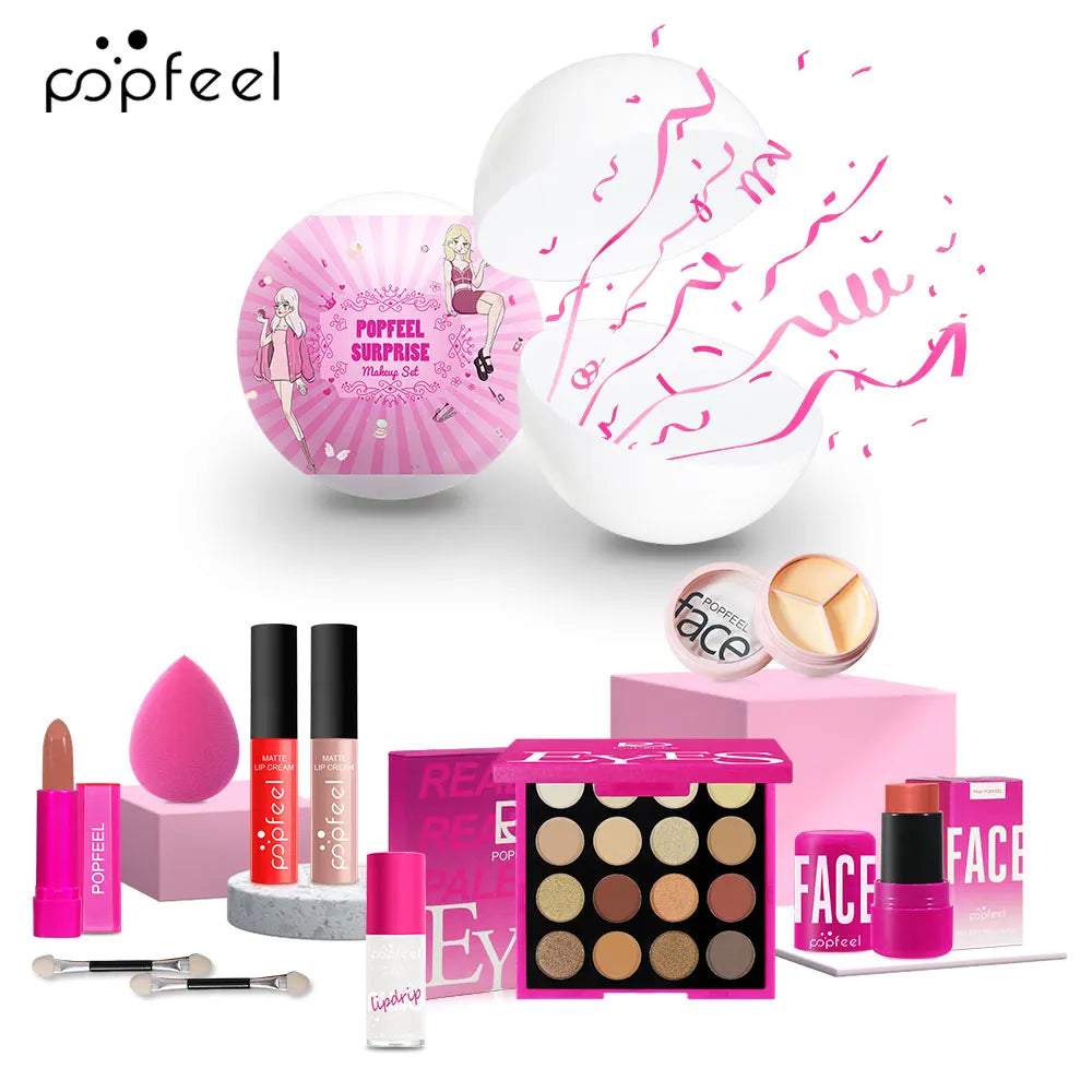 POPFEEL Surprise Makeup Ball Set -9-Piece Pink Cosmetic Gift Set for Girls, Perfect Christmas Gift, Festive Surprise Ball Makeup