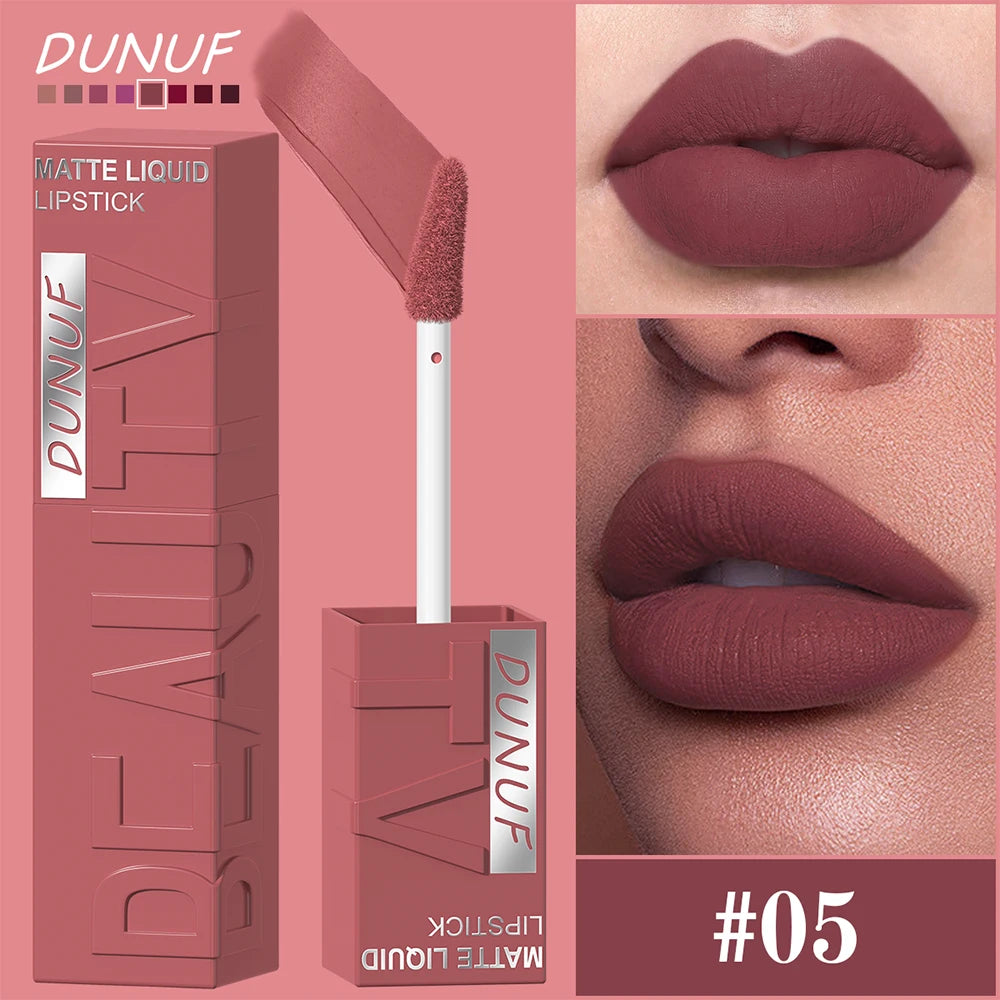 DUNUF 8-color matte velvet smooth easy-to-apply square tube lip gloss waterproof three-dimensional plumping lipstick