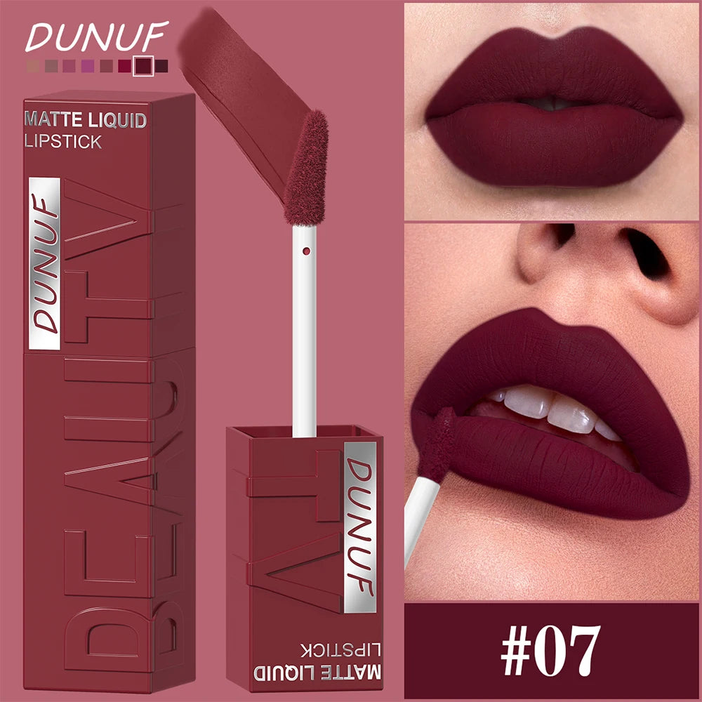 DUNUF 8-color matte velvet smooth easy-to-apply square tube lip gloss waterproof three-dimensional plumping lipstick