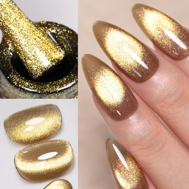 AWStorG 7.5ML Golden Gradient Cat Eye Magnetic Gel Sparkling Glitter Nail Polish Semi Permanent UV Nail Art No Need Base Color