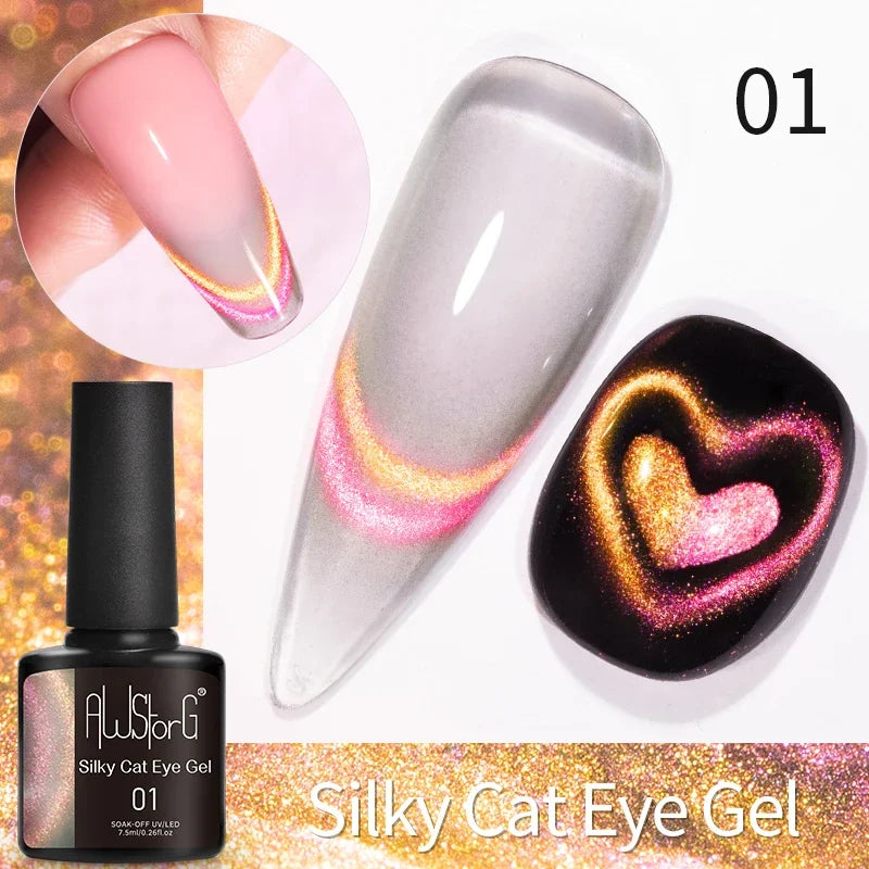 AWStorG 7.5ML Golden Gradient Cat Eye Magnetic Gel Sparkling Glitter Nail Polish Semi Permanent UV Nail Art No Need Base Color