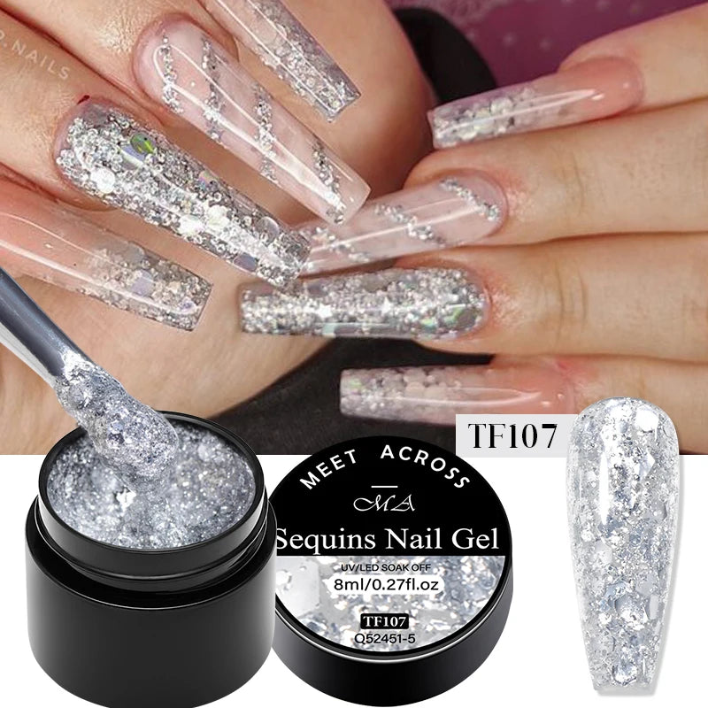 MEET ACROSS 8ml Pink Glitter Sequins Gel Nail Polish Shiny Sparkling Platinum Semi Permanant Soak Off Nail Art Varnish Manicure