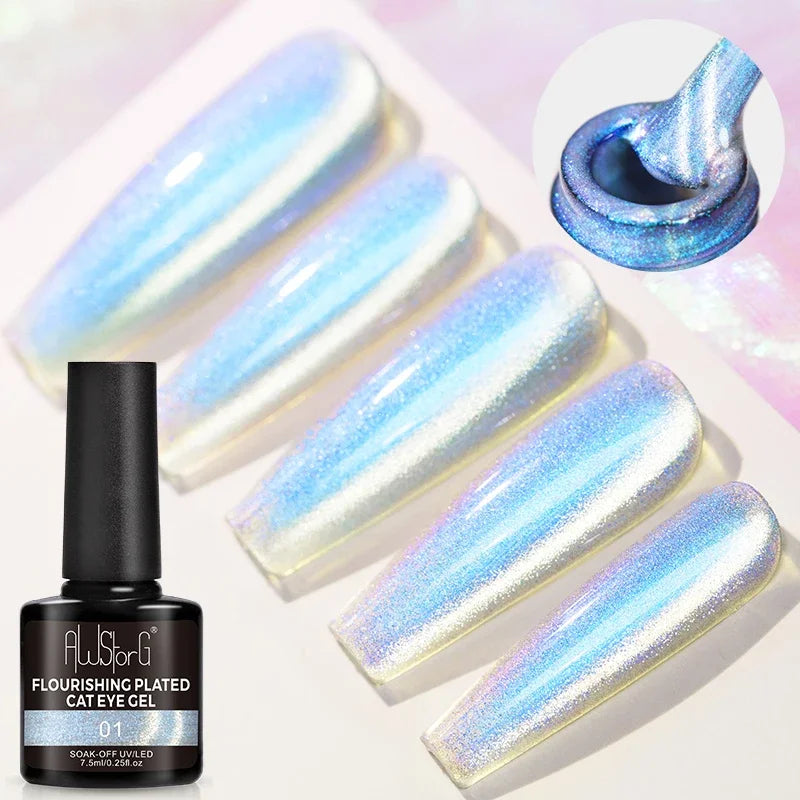 AWStorG 7.5ML Golden Gradient Cat Eye Magnetic Gel Sparkling Glitter Nail Polish Semi Permanent UV Nail Art No Need Base Color