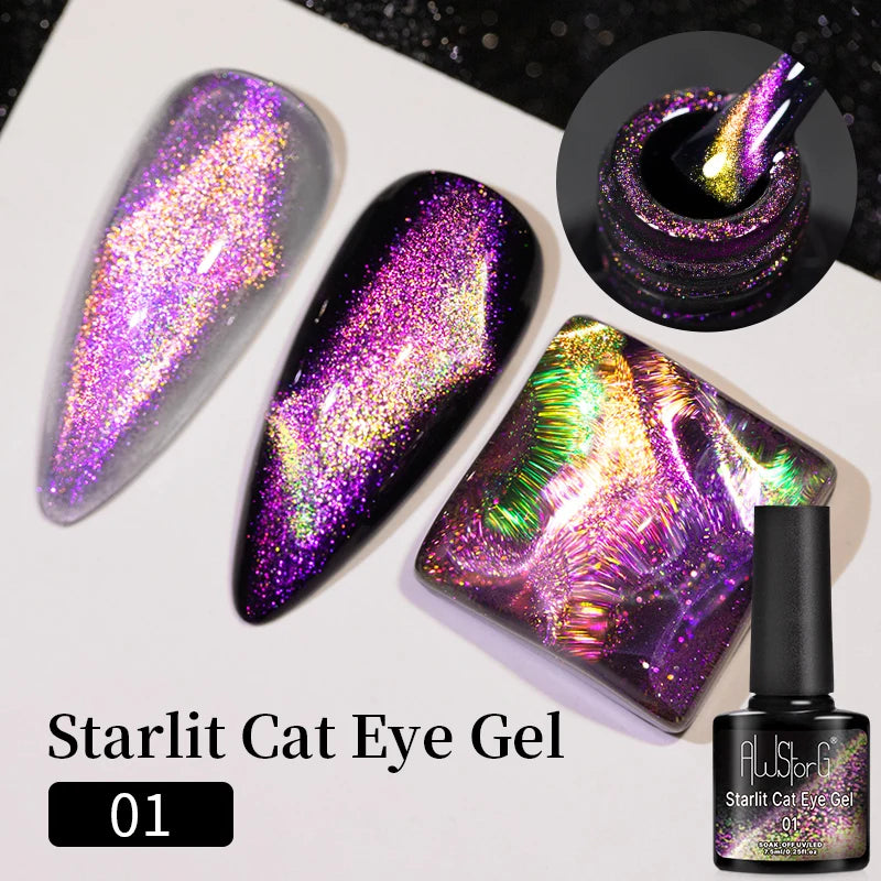 AWStorG 7.5ML Golden Gradient Cat Eye Magnetic Gel Sparkling Glitter Nail Polish Semi Permanent UV Nail Art No Need Base Color