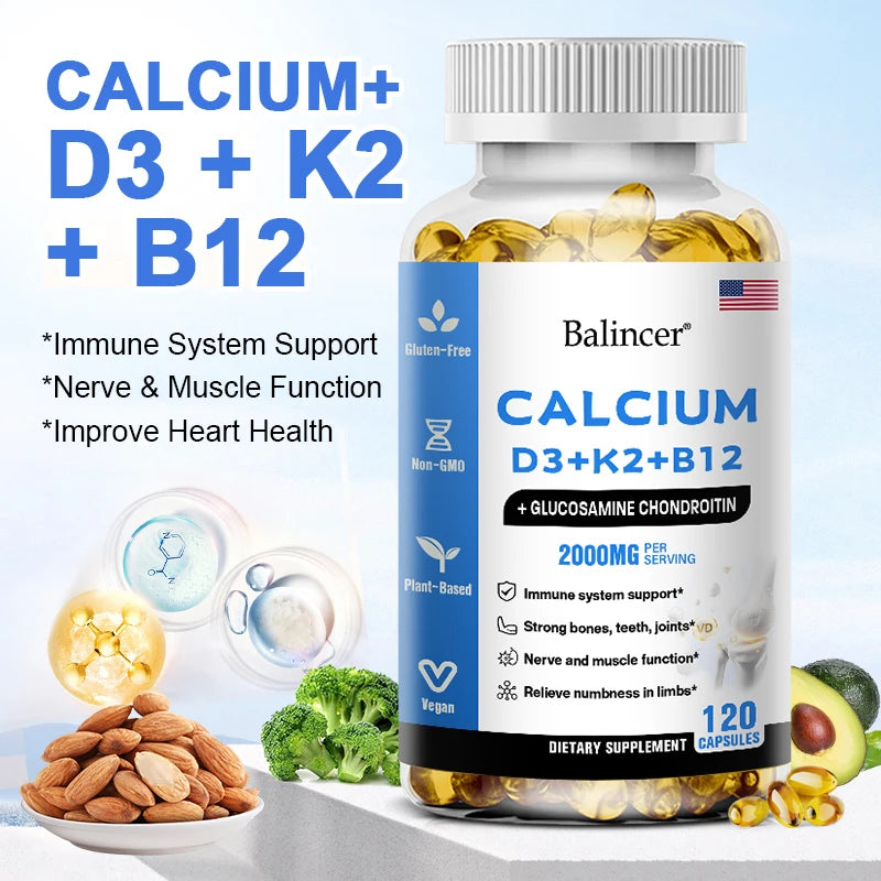 Calcium Supplement with Vitamins D3+K2+B12 Supports Nerve and Muscle Function, Heart Health and Immunity