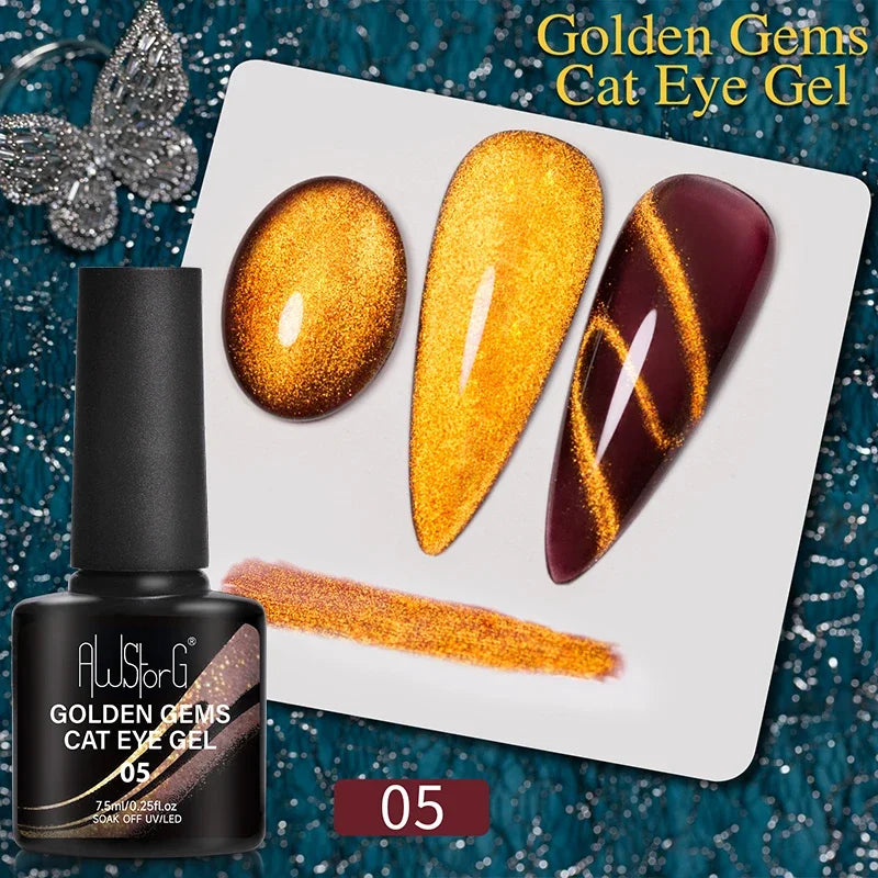 AWStorG 7.5ML Golden Gradient Cat Eye Magnetic Gel Sparkling Glitter Nail Polish Semi Permanent UV Nail Art No Need Base Color